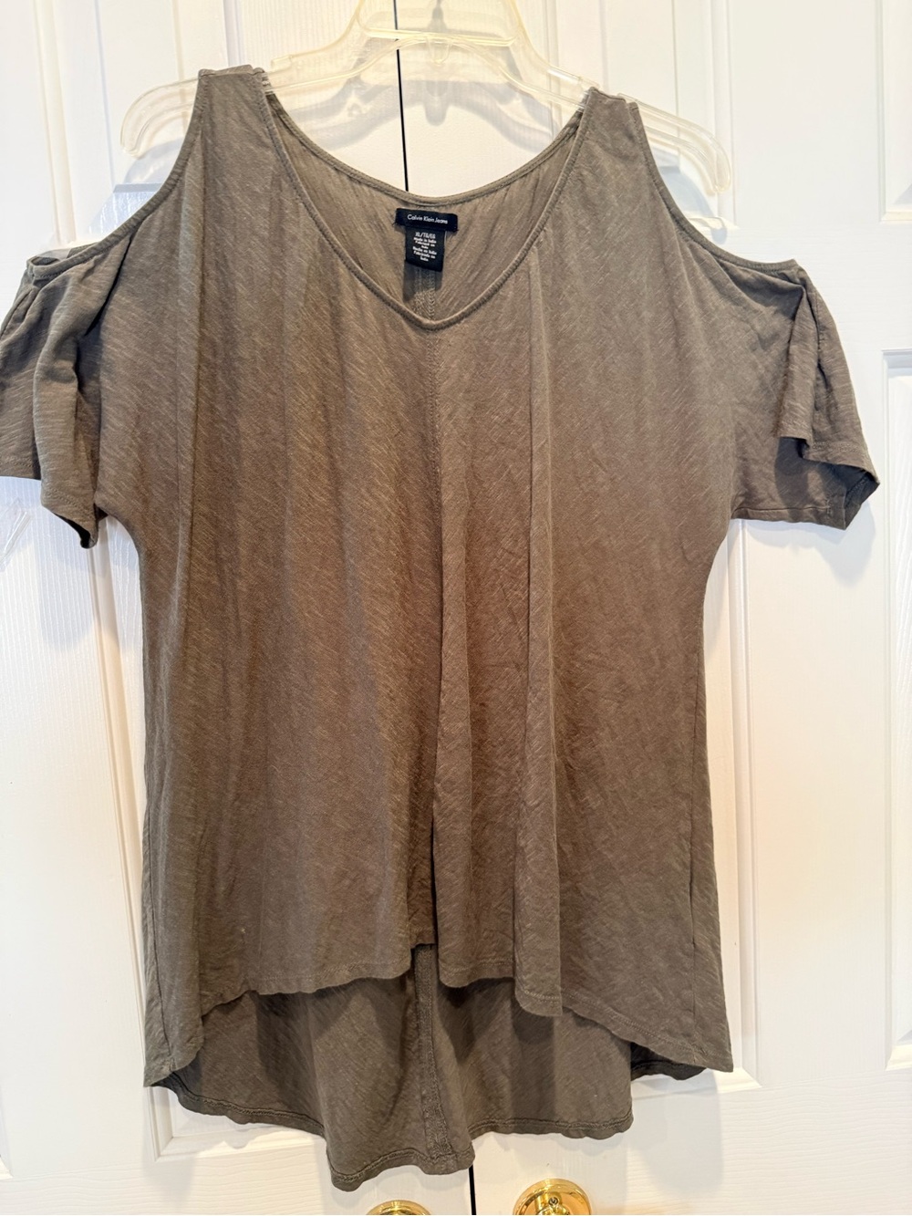 Calvin Klein Jeans Olive Green - Gray Cold-Shoulder V-Neck Tee Top Shirt
